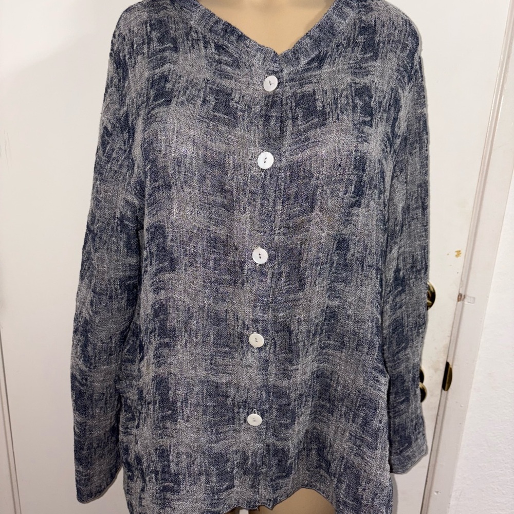 Fenini Women’s Boho Chic Blue Button Down Shirt Size XL